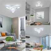 Collage of a modern living room, bedroom, and dining room with a ceiling light fixture.